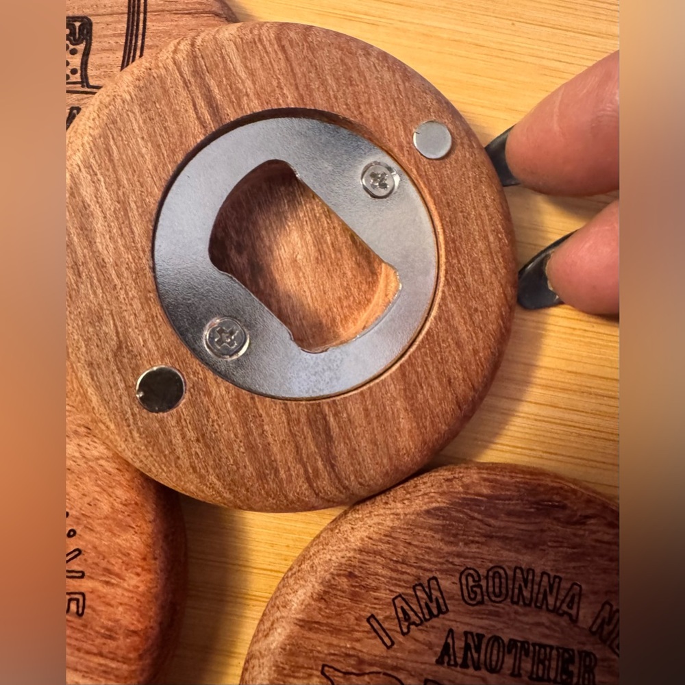 Hand crafted by me Wood Round Magnetic Bottle Openers customizable choice of 1 - Picture 2 of 8